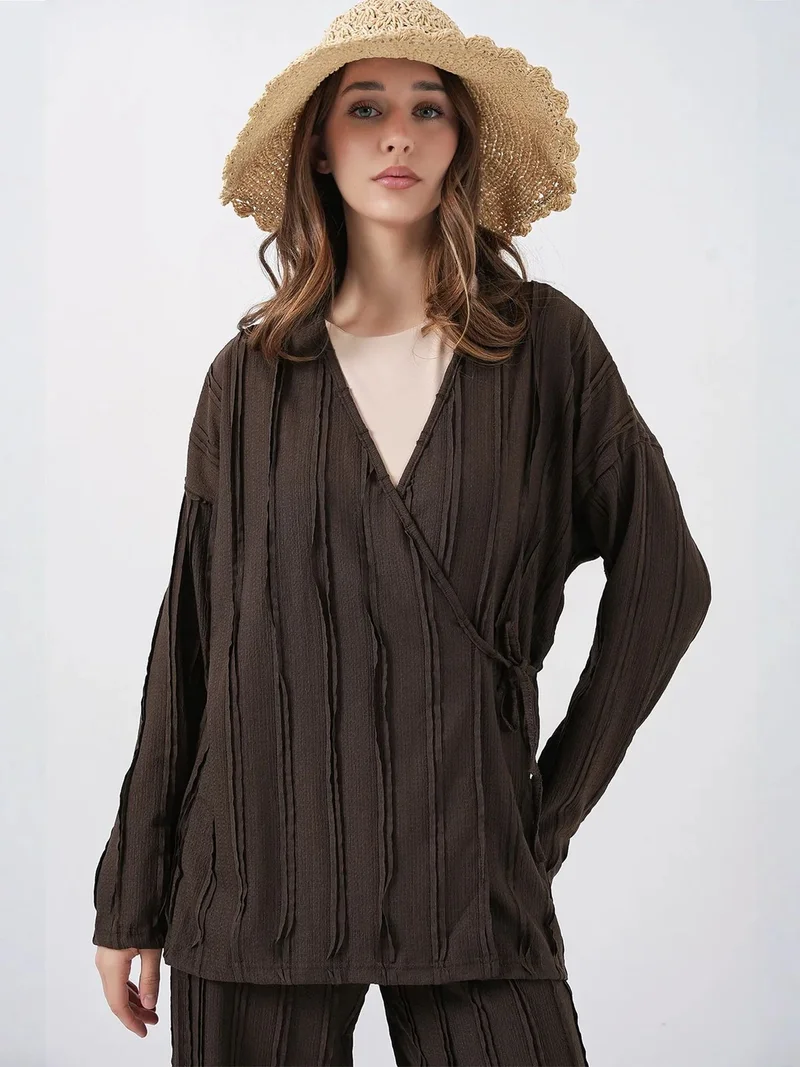 BIG DART BDART Textured V-Neck Tie Detail Kimono & Wide Leg Pants Set